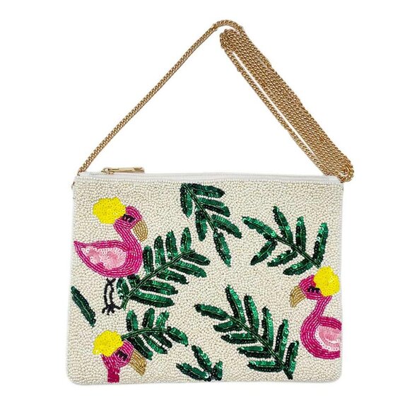 Kikiboheme Handbags - Flamingo Leaf Sequin and Seed Beaded Clutch / Crossbody Bag Handbag Tropical NEW
